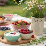 Greek Yogurt as a Snack: a family-style table set with Greek yogurt snacks, fresh fruit, and wildflowers in a vase.