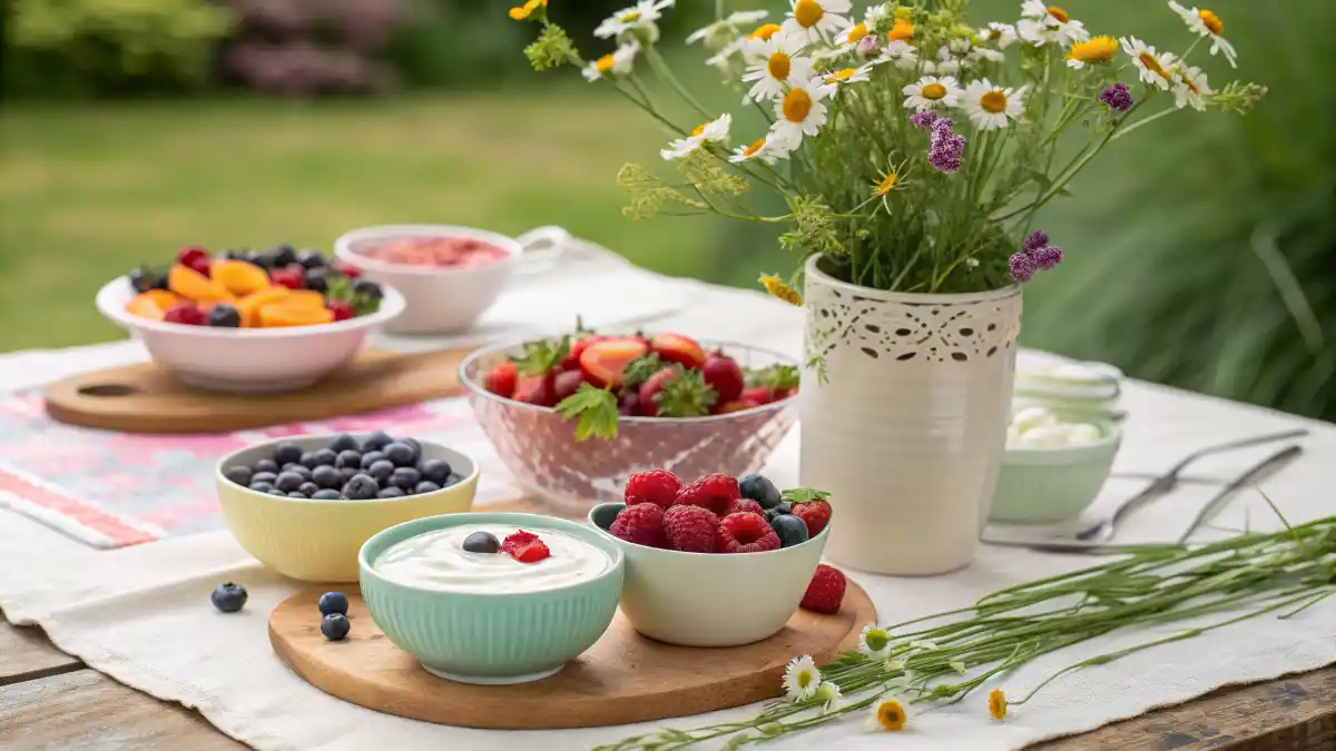 Greek Yogurt as a Snack: a family-style table set with Greek yogurt snacks, fresh fruit, and wildflowers in a vase.