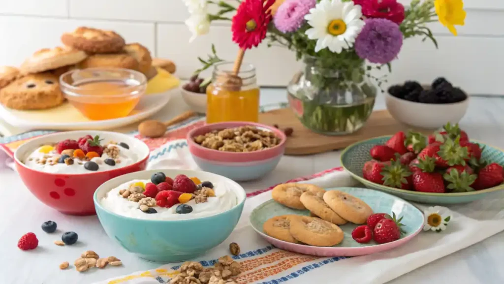 Festive brunch table with a variety of Greek yogurt snacks and fresh flowers