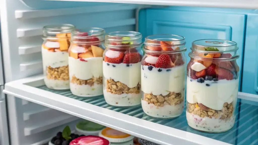 Fridge shelf stocked with jars of Greek yogurt parfaits