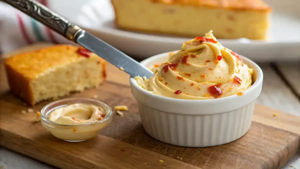 A macro close-up of spicy honey butter swirled in a bowl, showing flecks from the homemade Hot Sauce.