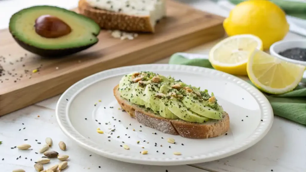 Fresh avocado toast with everything bagel seasoning on a white plate, a vibrant healthy snack recipe