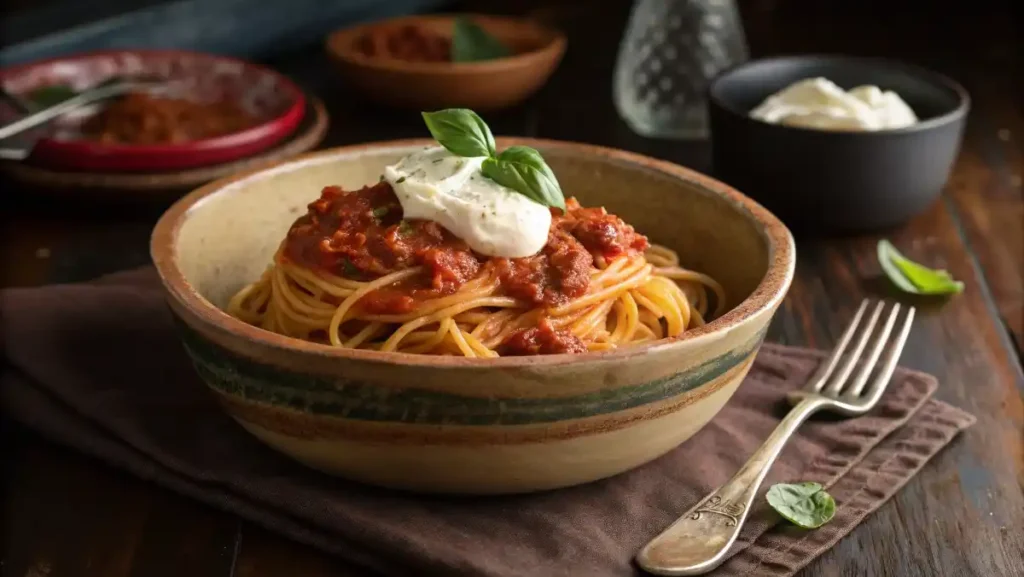 A perfectly styled, rustic ceramic bowl filled with spaghetti and topped with a generous portion of Auntie Cynthia's classic Spaghetti Sauce, a dollop of ricotta, and basil.