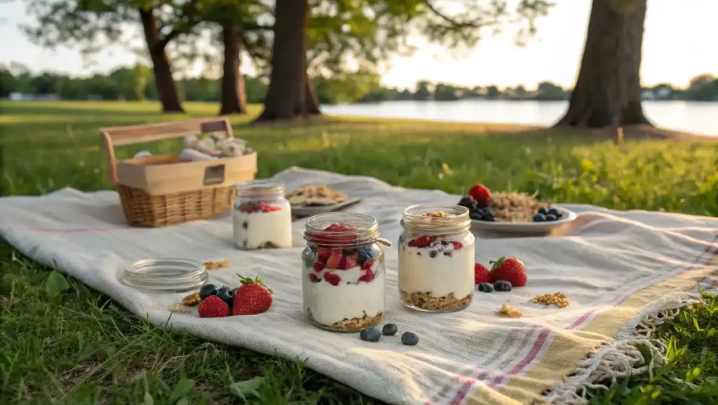 Greek Yogurt as a Snack: picnic at Belle Isle with mason jars of parfaits, a checkered blanket, and a scenic natural backdrop.