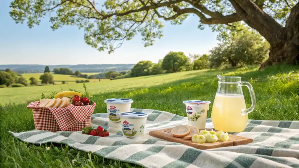 Picnic scene with Greek yogurt snacks, checkered blanket, and lemonade