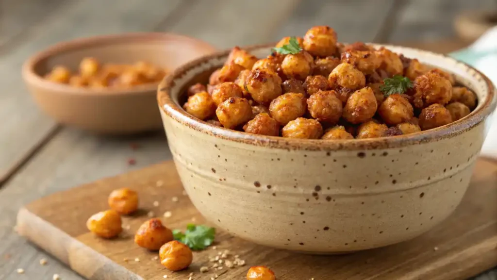 A rustic ceramic bowl filled with perfectly golden, crispy roasted chickpeas, a crunchy low calorie high protein snack.