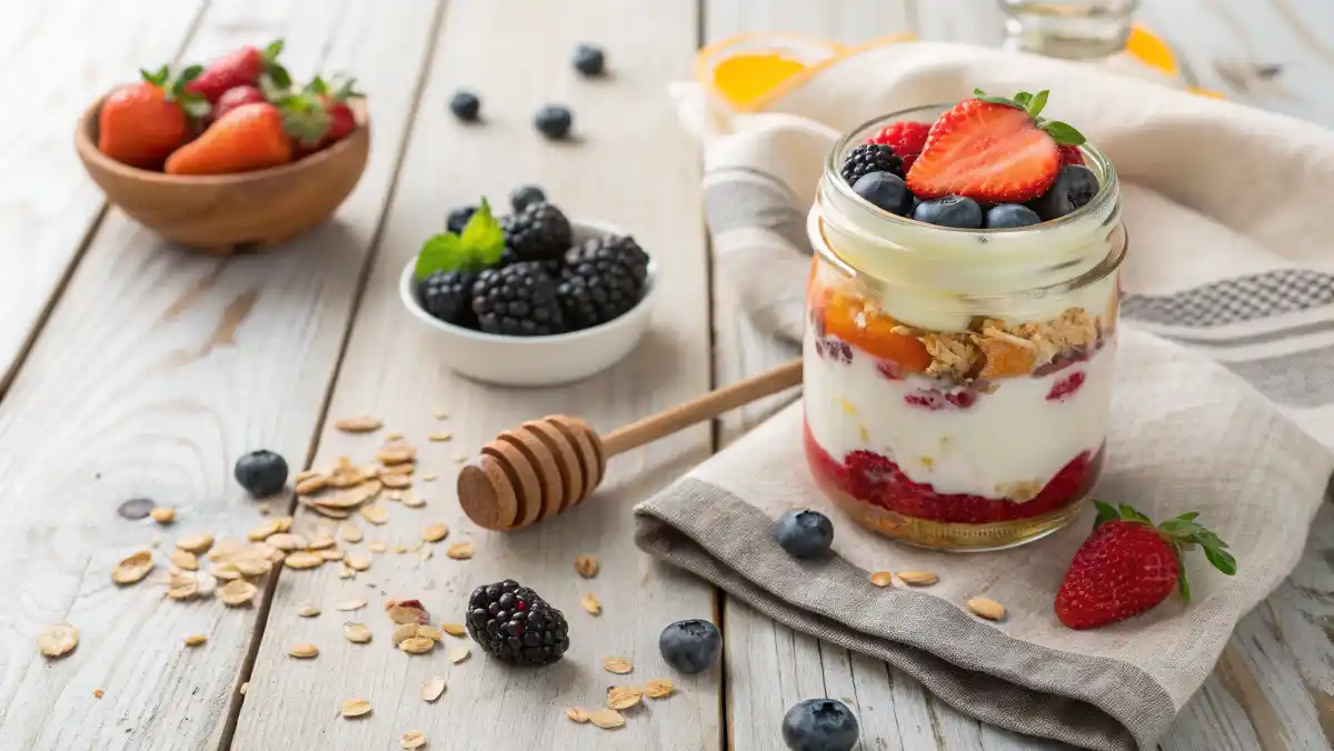 Greek yogurt parfait in a mason jar with fresh berries and honey on a rustic wooden table