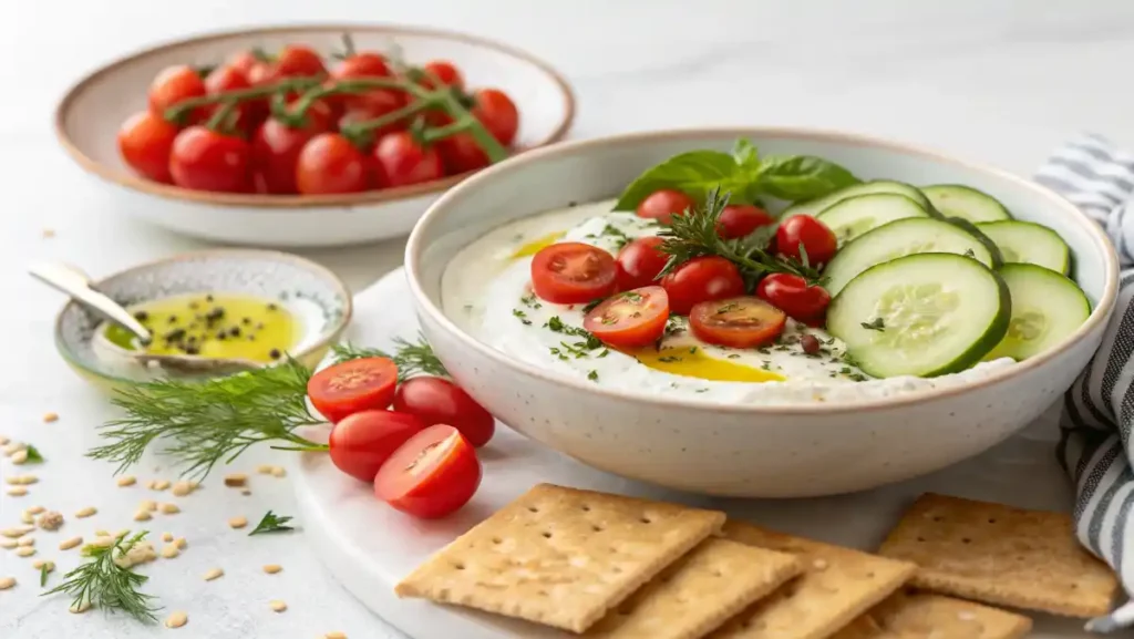 Savory Greek yogurt bowl with cucumbers, tomatoes, herbs, and olive oil, served with crackers