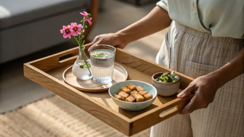 A woman's hands holding a tray with a bowl of crispy tofu bites, an act of care bringing a neighbor a low calorie high protein snack.