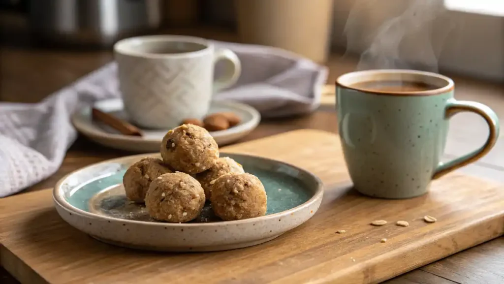 A charming plate with five no-bake peanut butter protein bites next to a warm mug of tea, an ideal low calorie high protein snack for an afternoon break.