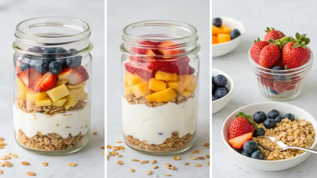 Step-by-step collage of layering yogurt, fruit, and granola into a glass jar