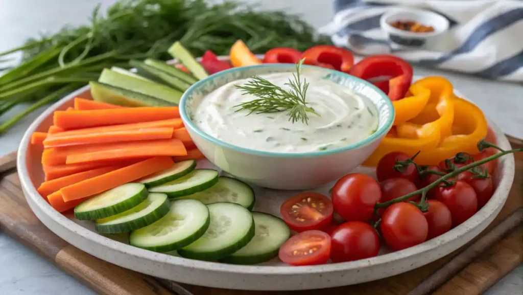 A beautiful platter with a bowl of herbed Greek yogurt dip surrounded by a colorful rainbow of fresh vegetables, a healthy low calorie high protein snack platter.