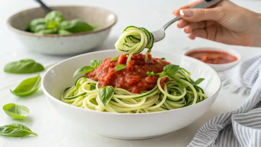 A woman's hands garnishing a bright white bowl of zucchini noodles topped with a vibrant red marinara sauce and fresh basil.