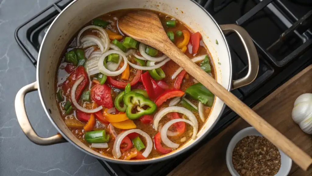 Red peppers and onions simmering in a saucepan to create the flavorful base for a homemade Hot Sauce.