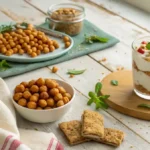 A vibrant overhead flat lay of several delicious low calorie high protein snacks on a rustic table, including roasted chickpeas, protein bites, and a cottage cheese parfait.