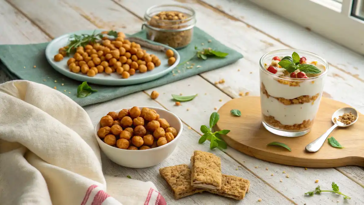 A vibrant overhead flat lay of several delicious low calorie high protein snacks on a rustic table, including roasted chickpeas, protein bites, and a cottage cheese parfait.