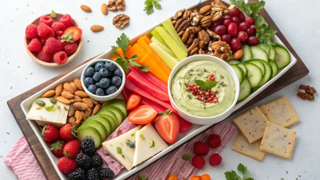 Healthy Snacks with Greek Yogurt – Assorted snacks including parfaits, frozen yogurt bark, and veggie dip with fresh produce adorning a vibrant snack board.