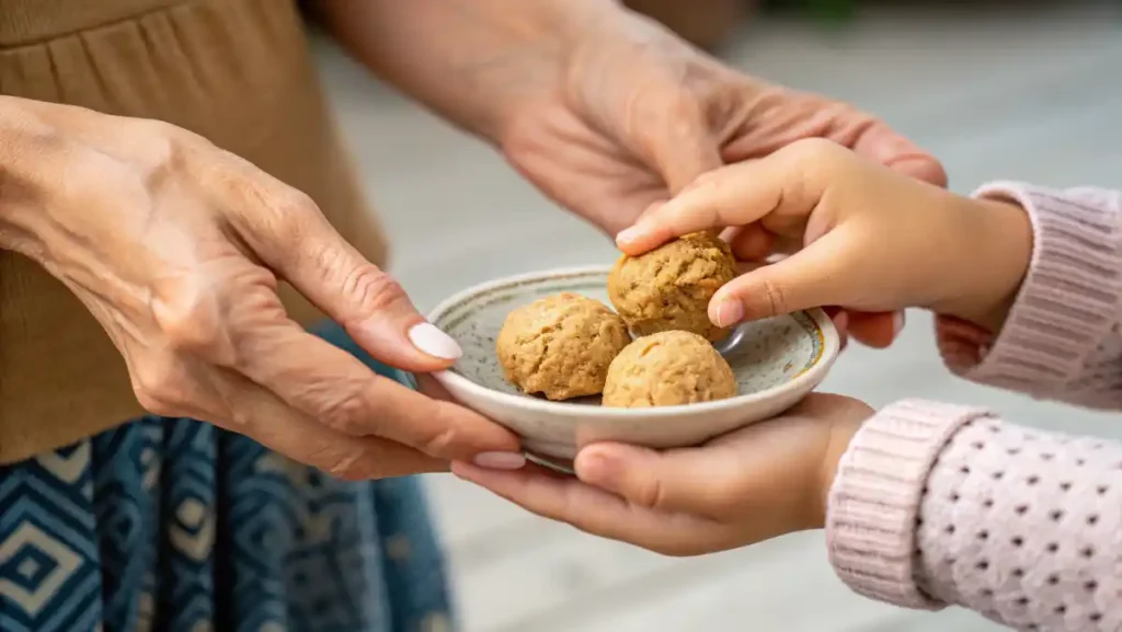 A woman's hands offering a plate of no-bake protein bites to the smaller hands of a child, representing sharing low calorie high protein snacks with family.
