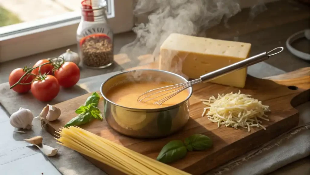 Overhead flat lay of fresh ingredients for homemade Spaghetti Sauce on a rustic wooden board, including San Marzano tomatoes, garlic, onion, and fresh basil.