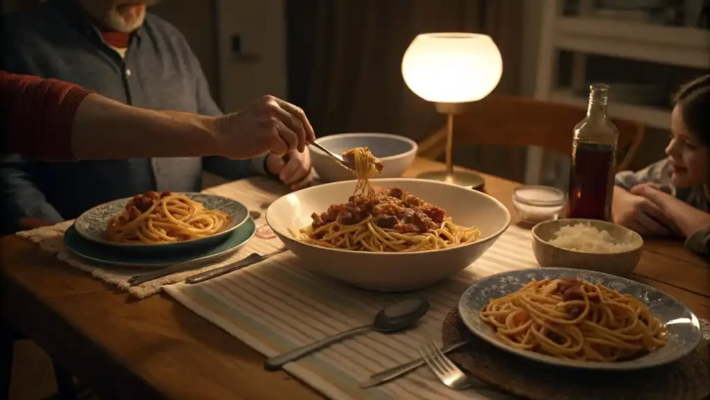 A warm, inviting scene of a family dinner table from a first-person perspective, with hands passing a large bowl of spaghetti and ragu sauce.