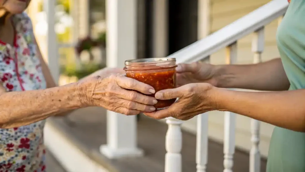 Close-up on two pairs of hands, one passing a warm glass container of sauce to an older pair of hands, symbolizing community and care.