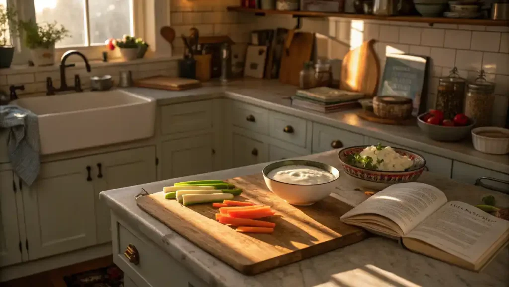 A cozy, warm kitchen corner in the late afternoon sun, conveying the satisfying feeling after a day of cooking low calorie high protein snacks.