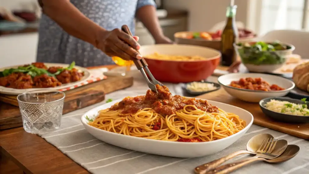 Hands using tongs to serve a large portion of spaghetti with a zesty tomato sauce made from homemade Hot Sauce onto a plate