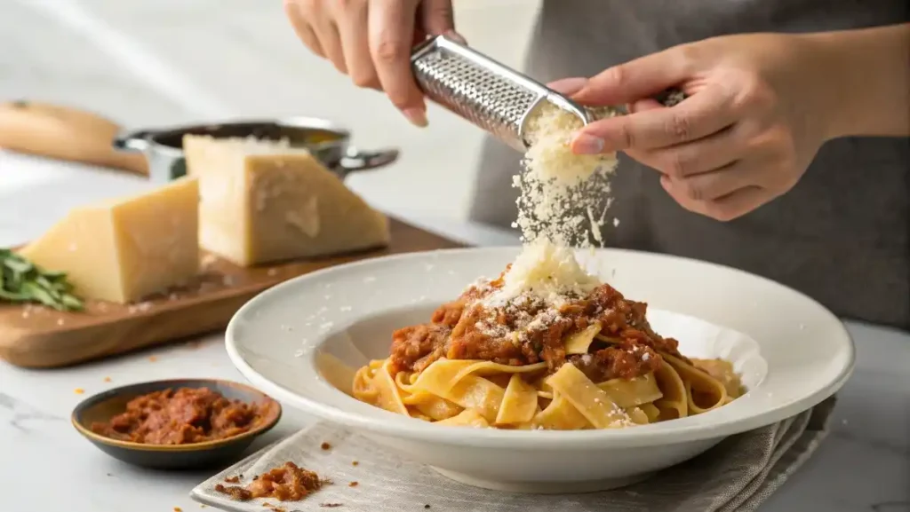 A woman's hands grating a generous amount of Parmesan cheese over a beautifully plated bowl of pappardelle with rich, meaty ragu.