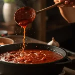 : A woman's hands lifting a ladle full of thick, steaming, rich red Spaghetti Sauce from a cast iron pot
