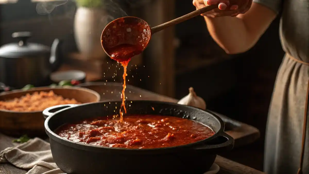 : A woman's hands lifting a ladle full of thick, steaming, rich red Spaghetti Sauce from a cast iron pot