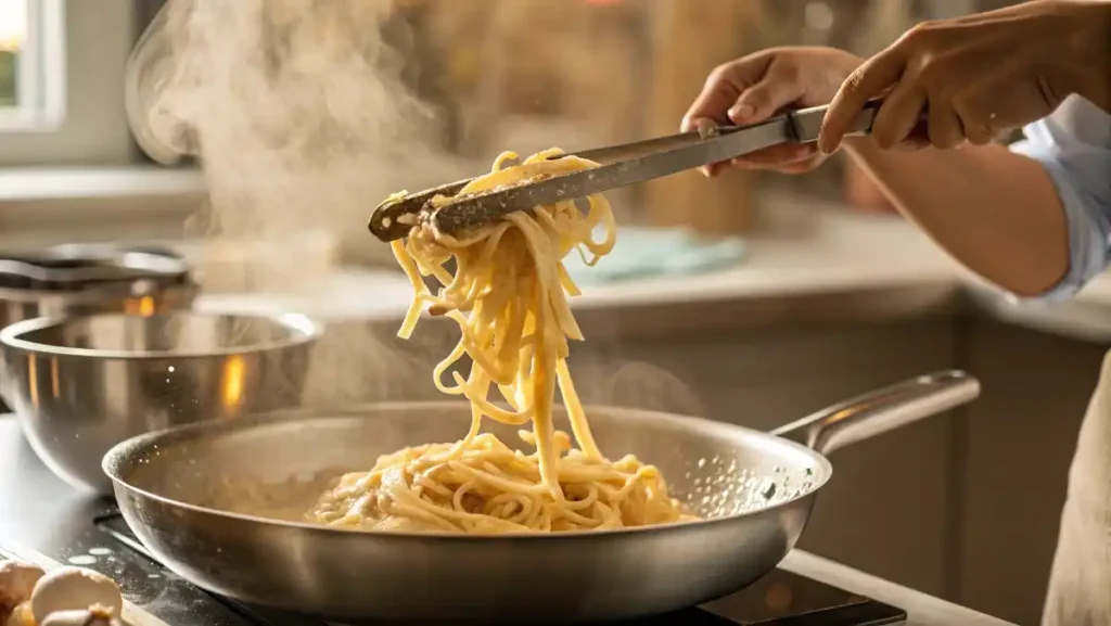 Tossing hot fettuccine pasta with a creamy, rich homemade Alfredo Sauce in a skillet.