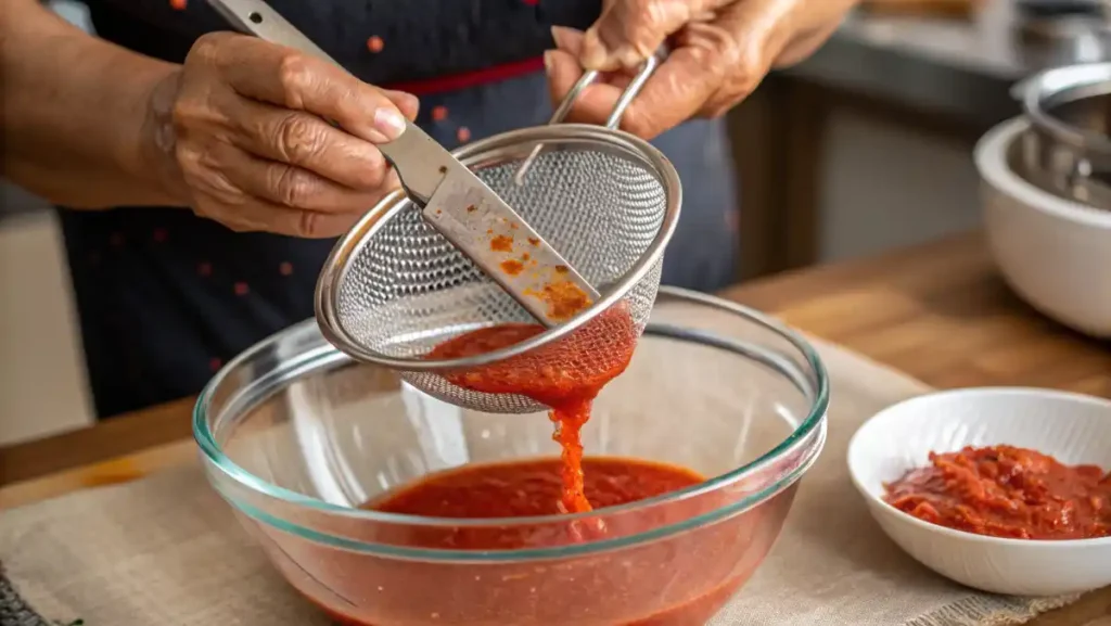 Straining the blended Fresno pepper mixture through a fine-mesh sieve to create a smooth, silky homemade Hot Sauce.