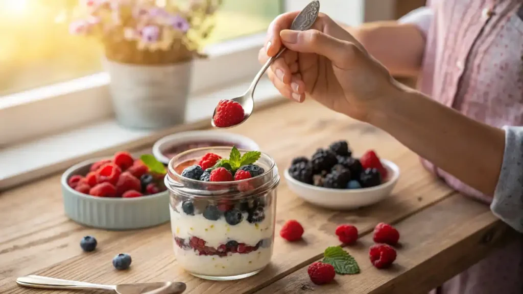 A woman's hands carefully layering fresh berries over creamy cottage cheese in a glass to assemble a sweet low calorie high protein snack.