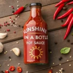 A flat lay of ingredients for a homemade Fresno pepper Hot Sauce recipe, including fresh peppers, garlic, and a finished bottle on a wooden board.