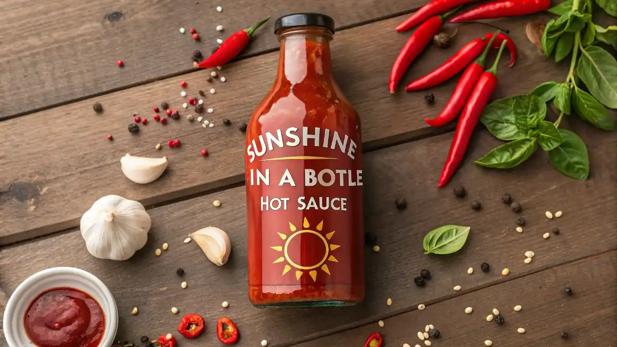 A flat lay of ingredients for a homemade Fresno pepper Hot Sauce recipe, including fresh peppers, garlic, and a finished bottle on a wooden board.