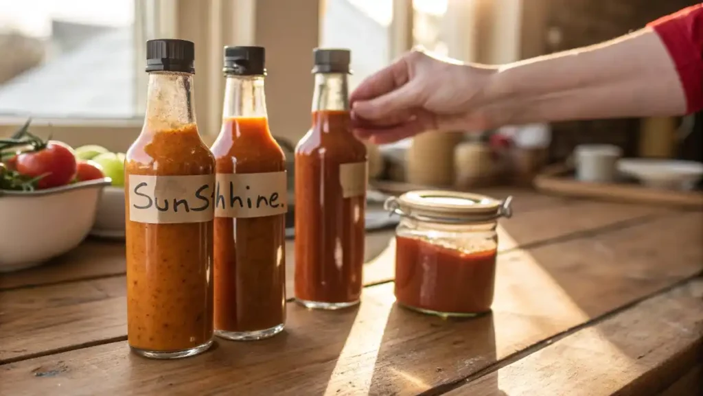 A lineup of several bottles filled with homemade red Fresno pepper Hot Sauce, ready for gifting or storage.