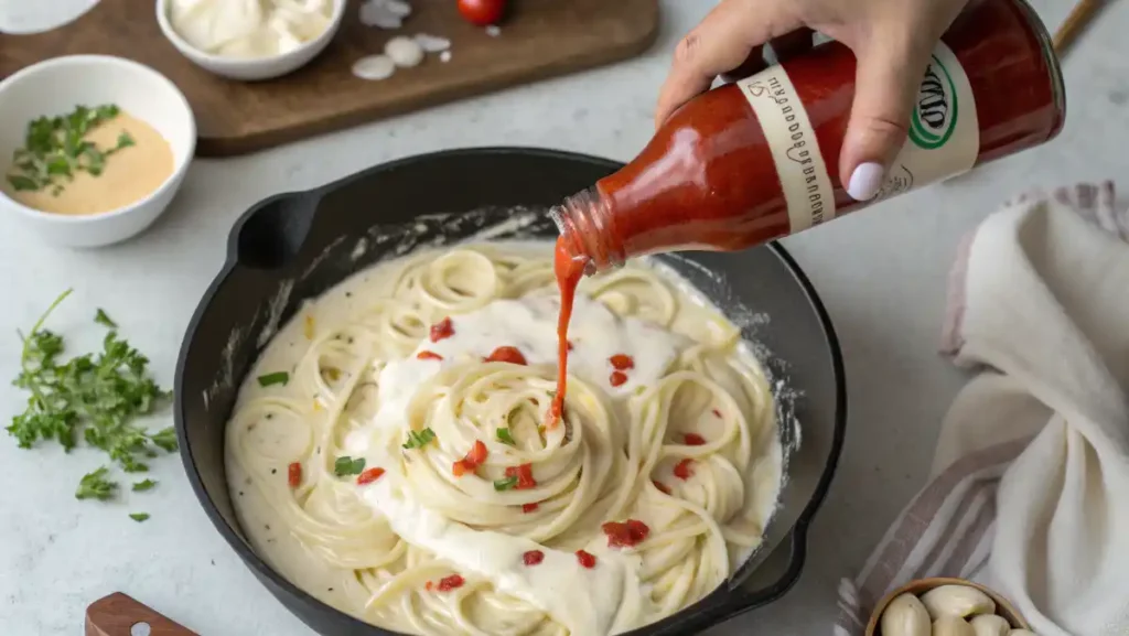 Drizzling a stream of red homemade Hot Sauce from a bottle into a skillet of creamy white Alfredo sauce.