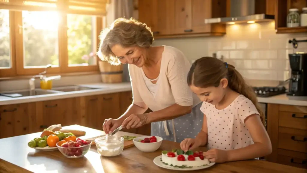Greek Yogurt Snack Recipes — Auntie Cynthia and her daughter prepare nourishing Greek yogurt snacks together in a cozy, sunlit kitchen.