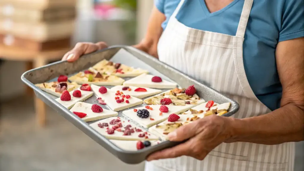 Auntie Cynthia holding a tray of homemade Greek yogurt bark, smiling