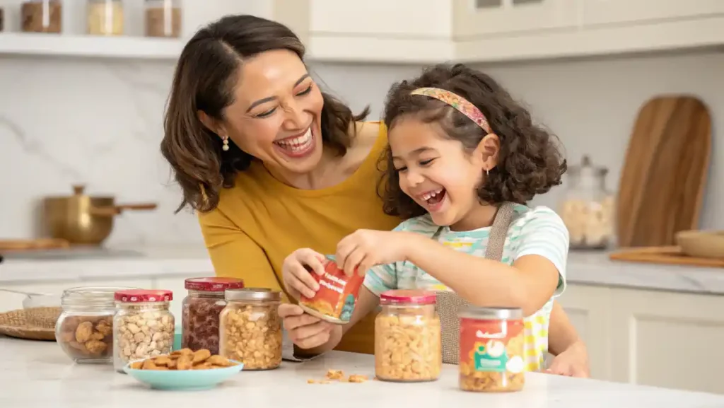 Healthy Snacks with Greek Yogurt – Auntie Cynthia and her daughter laugh together as they fill jars with Greek yogurt, fruit, and granola.