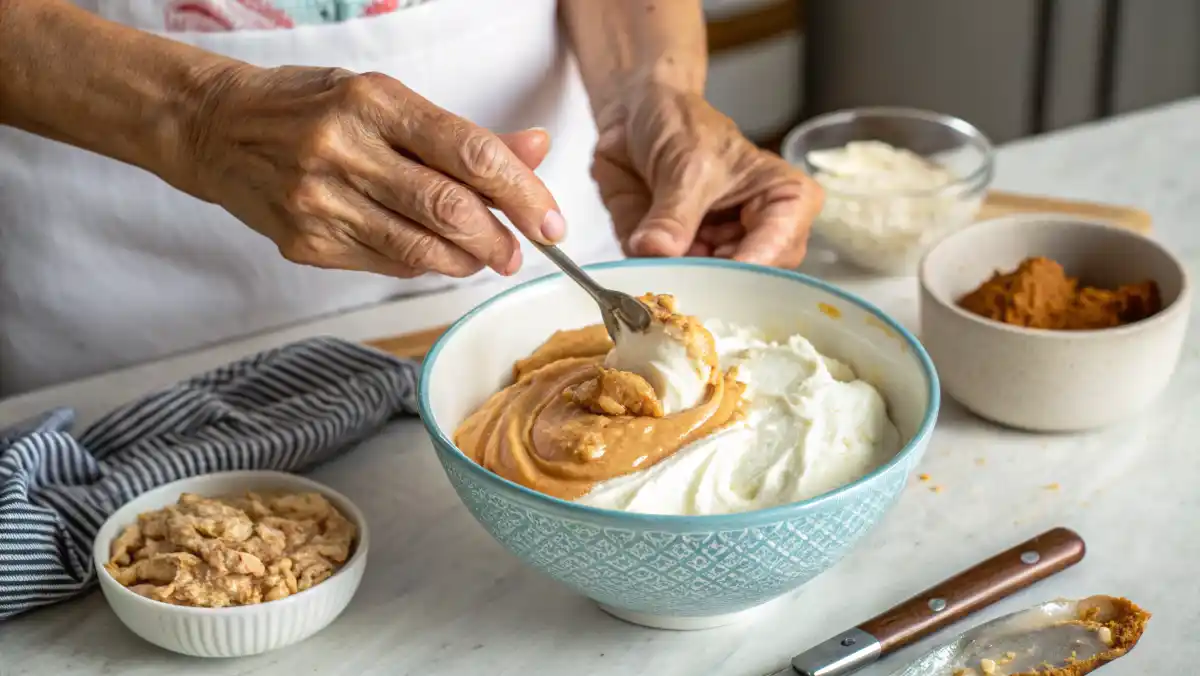 Auntie Cynthia’s hands mixing Greek yogurt and peanut butter in a large bowl