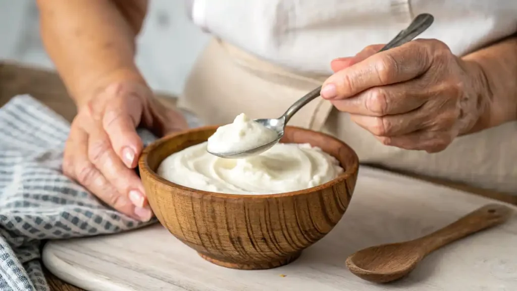 Healthy Greek Yogurt Snacks: Auntie Cynthia spooning Greek yogurt into a rustic bowl