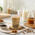 Brown Sugar Milk Tea ingredients on a kitchen counter, including brown sugar, tea bags, milk, tapioca pearls, and glass jars