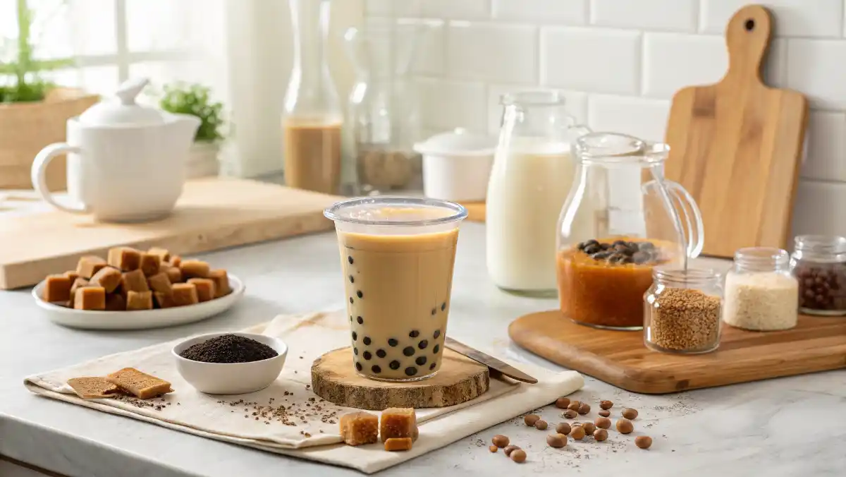 Brown Sugar Milk Tea ingredients on a kitchen counter, including brown sugar, tea bags, milk, tapioca pearls, and glass jars