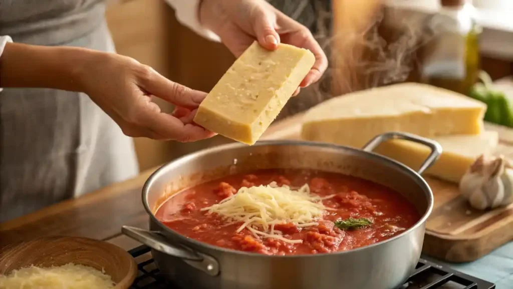 A close-up of a woman's hands holding a rugged Parmesan cheese rind, ready to add it to a pot of simmering red sauce for extra flavor.