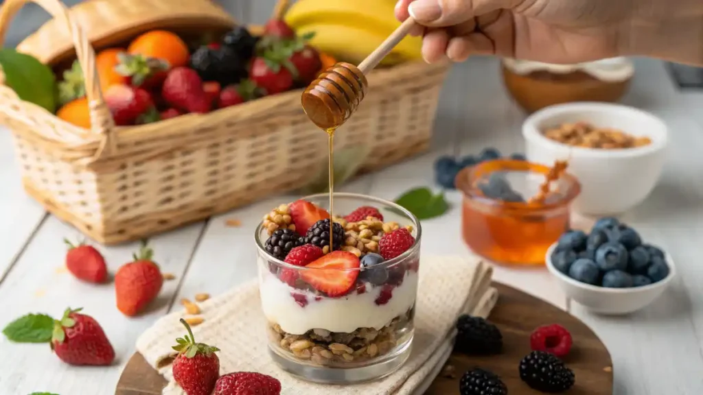 Greek Yogurt as a Snack: hands layering berries and honey into a glass to make a beautiful yogurt parfait.