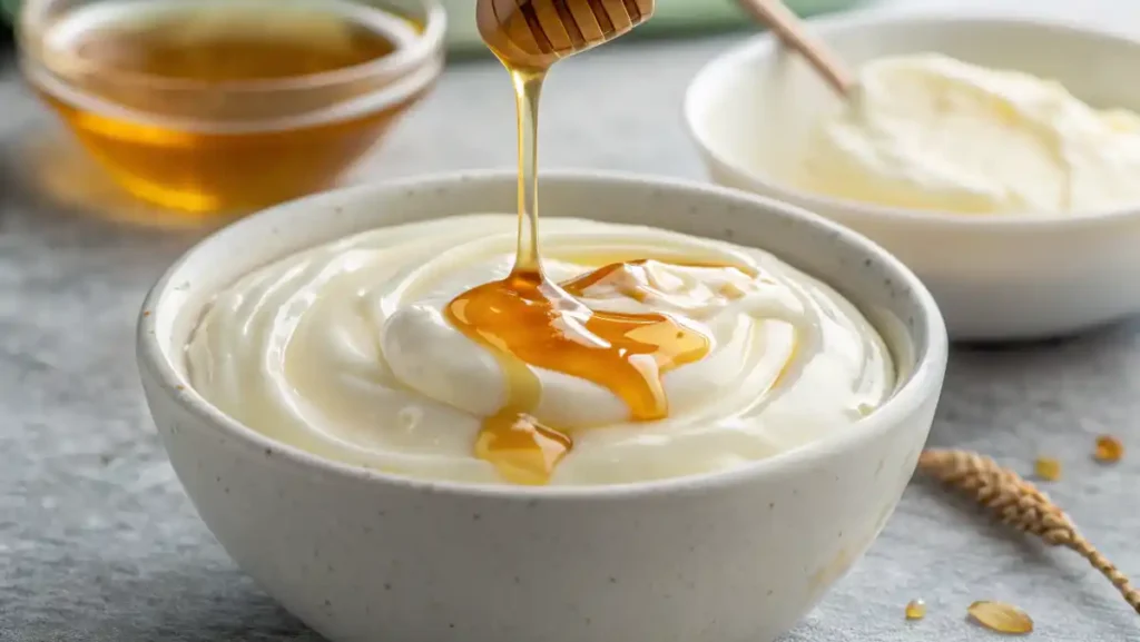 Healthy Greek Yogurt Snacks: Honey being drizzled over creamy Greek yogurt