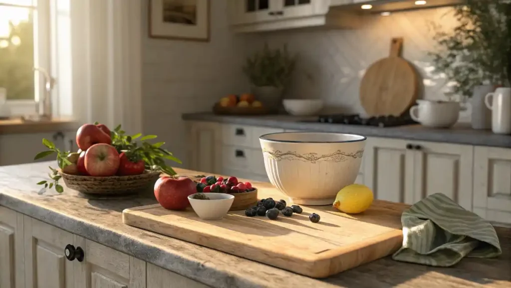 Warm, inviting kitchen counter with fresh ingredients and mixing bowl, setting the scene for healthy snack recipes.
