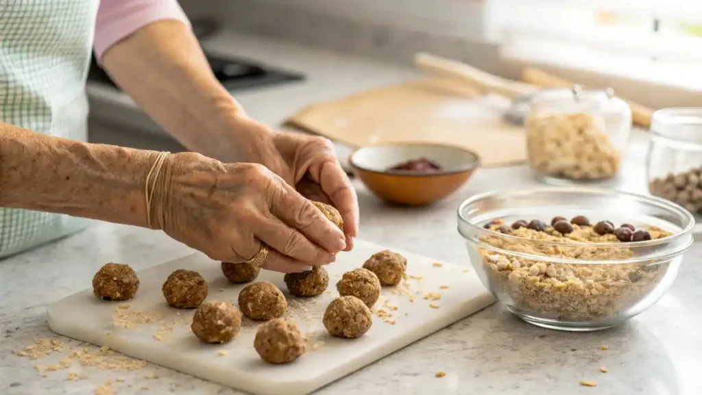 Hands rolling no-bake energy bites, demonstrating the homemade process of healthy snack recipes.