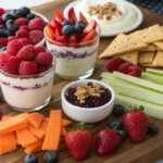 Snack board featuring a variety of Snacks with Greek Yogurt including parfaits, bark, veggie dip, and apple nachos
